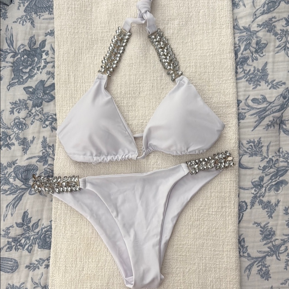 White Bikini with Silver Embellishments